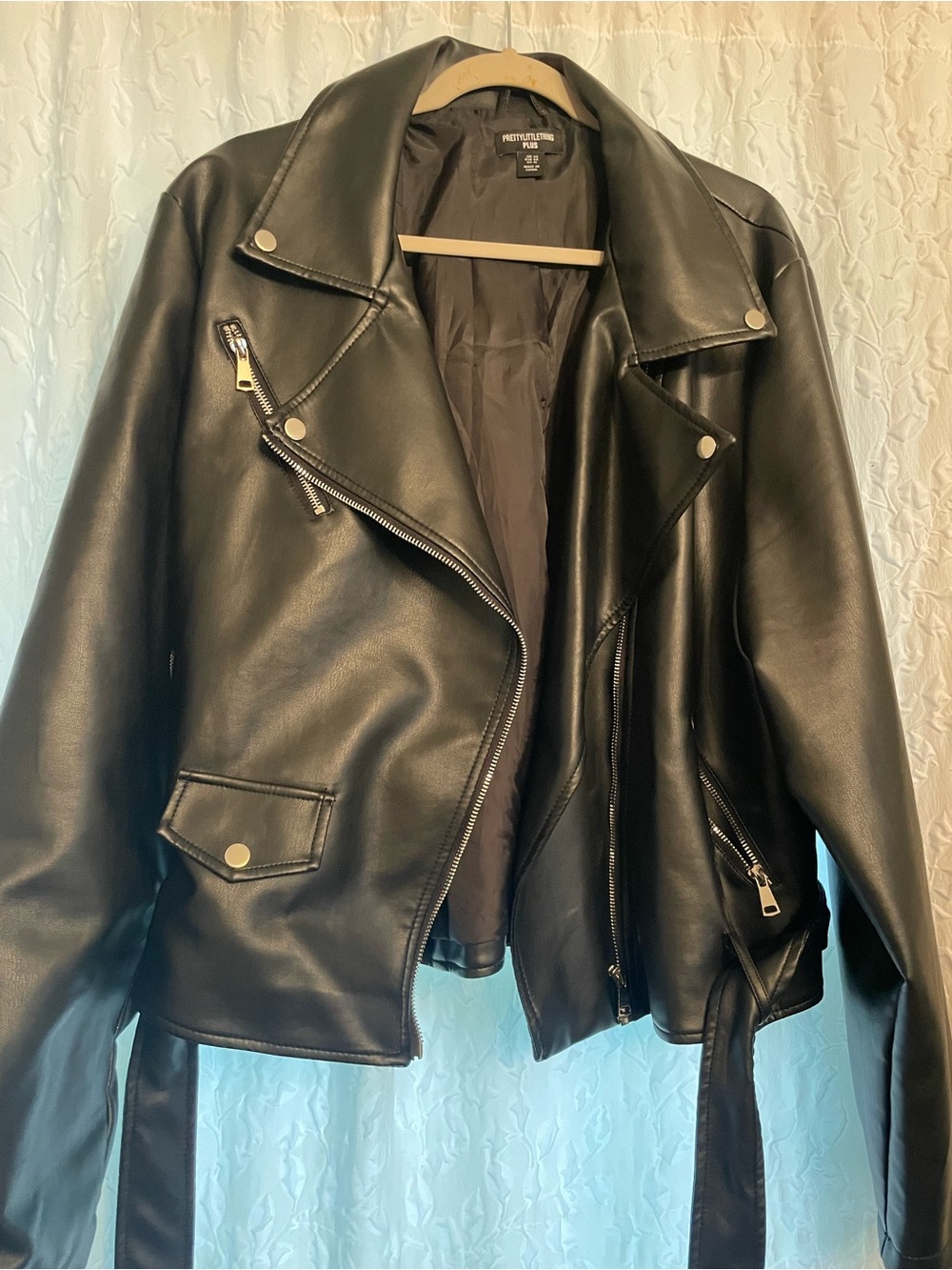 PrettyLittleThing Black Vegan Leather Biker Jacket with Belt
